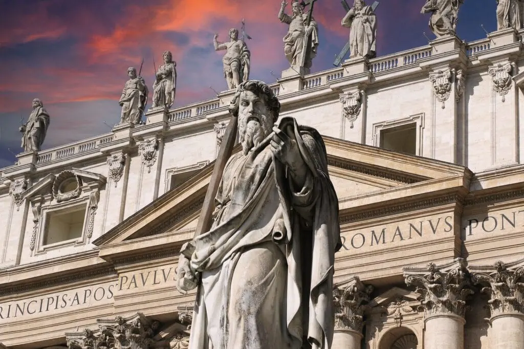 June 29, Feast of Saints Peter and Paul, patron saints of Rome 3 Statue of St. Paul in St. Peter's Square at the Vatican - made by Adamo Tadolini