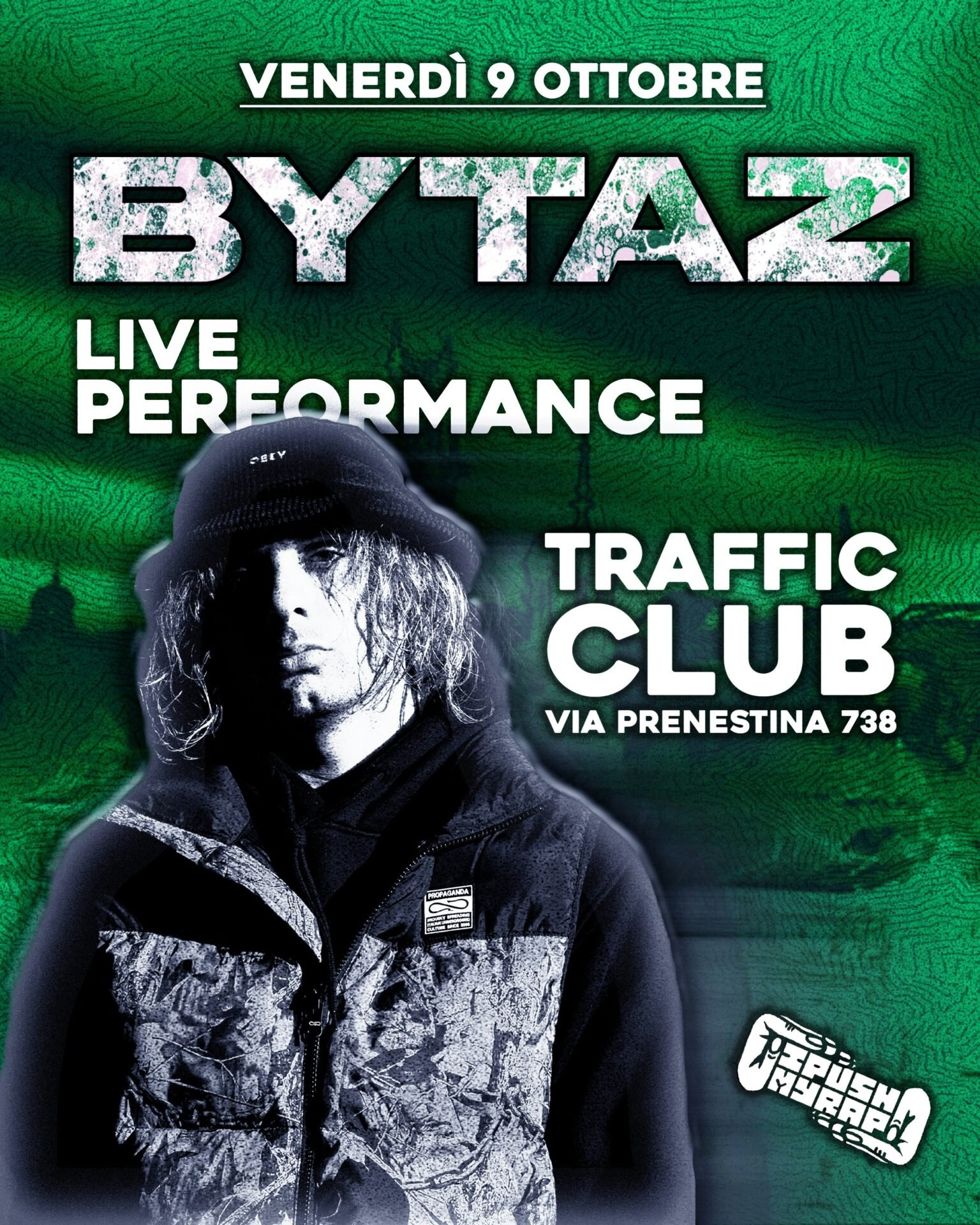 La locandina del primo live di Bytaz al Traffic Club