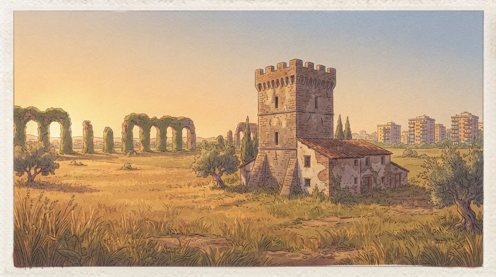 Castelletto Torre Angela 3 Illustration of a medieval tower with a farmhouse in the eastern Roman countryside