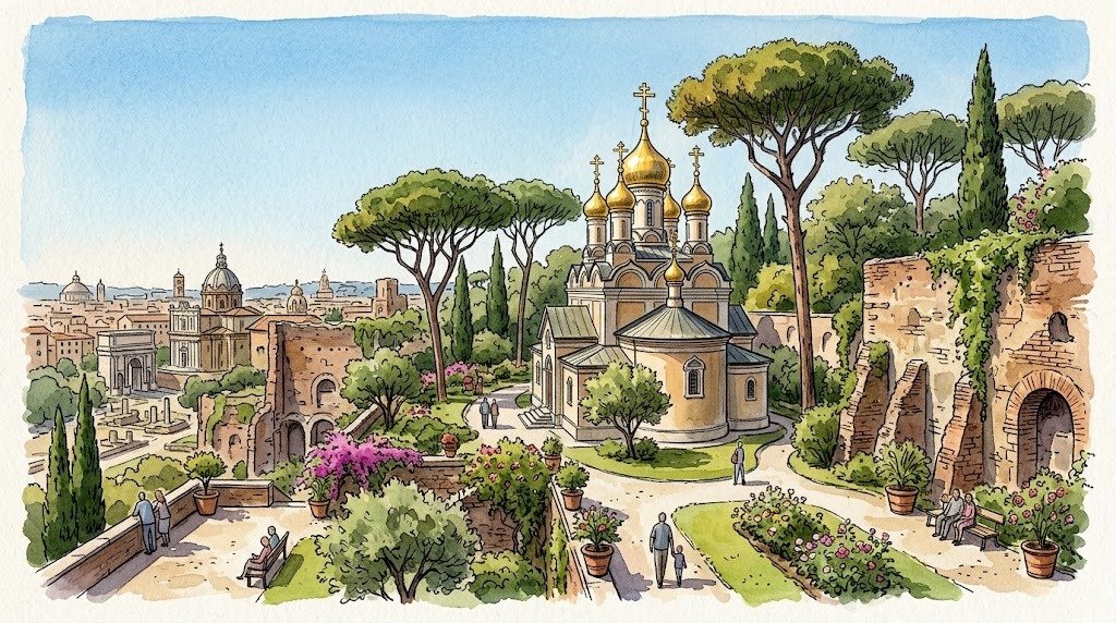 Illustrazione di una chiesa ortodossa con cupole dorate in un giardino romano