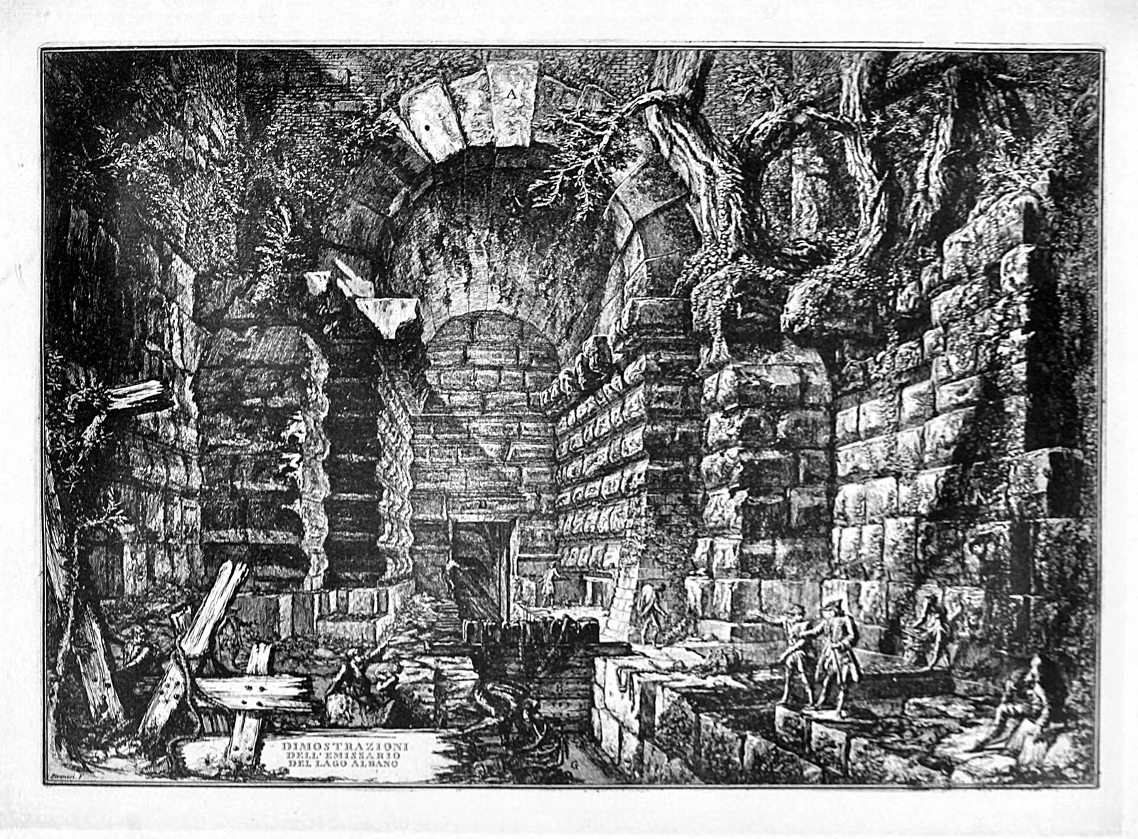 Incisione di Piranesi con l'interno dell'emissario del Lago Albano