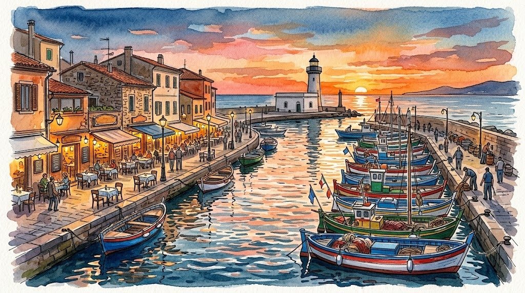 Illustrazione di un porto canale con pescherecci colorati al tramonto
