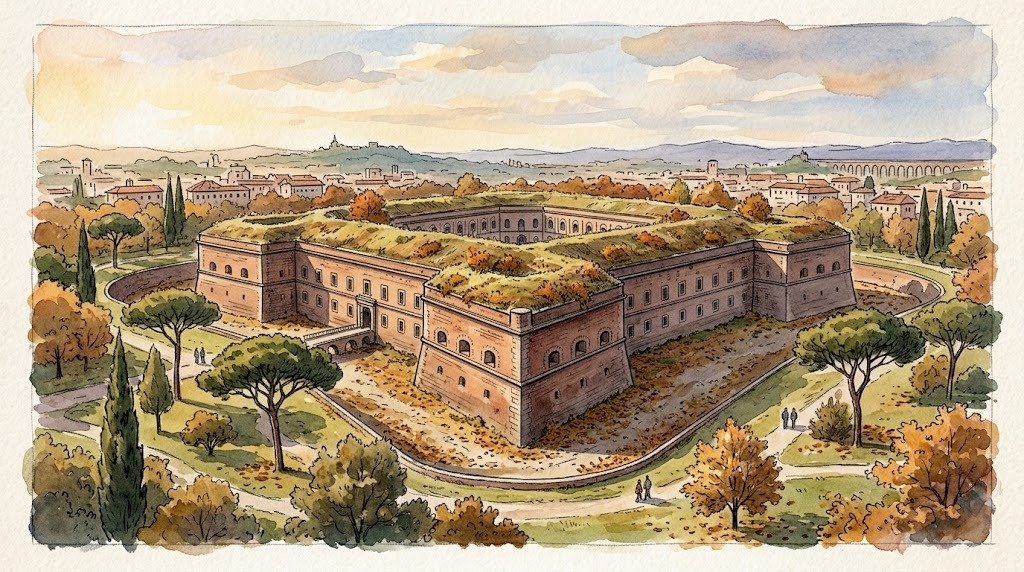 Forte Bravetta 3 Illustration of a 19th-century fort with grassy embankments in a park