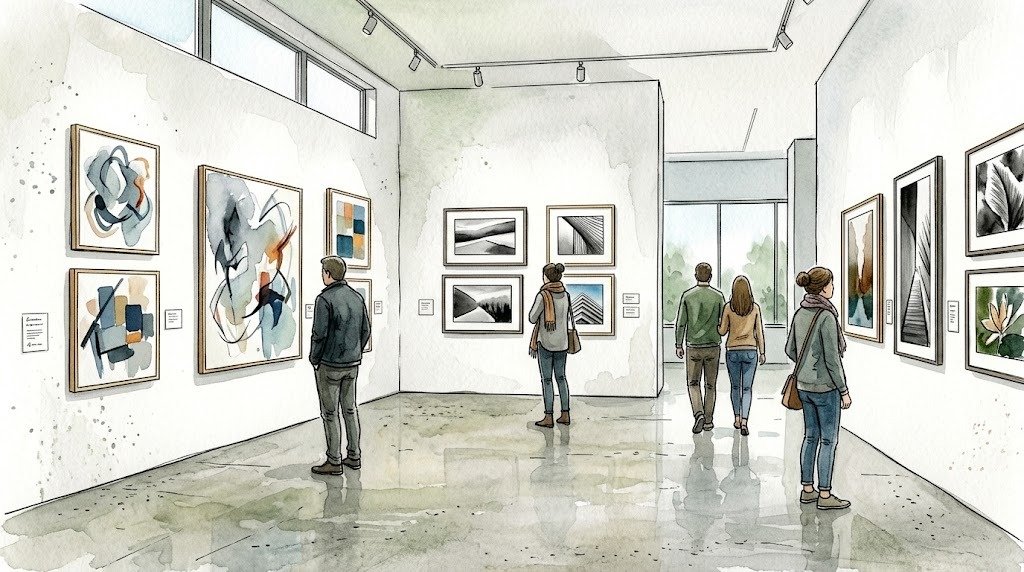 Illustrazione di una galleria d'arte con pareti bianche, quadri astratti e fotografie