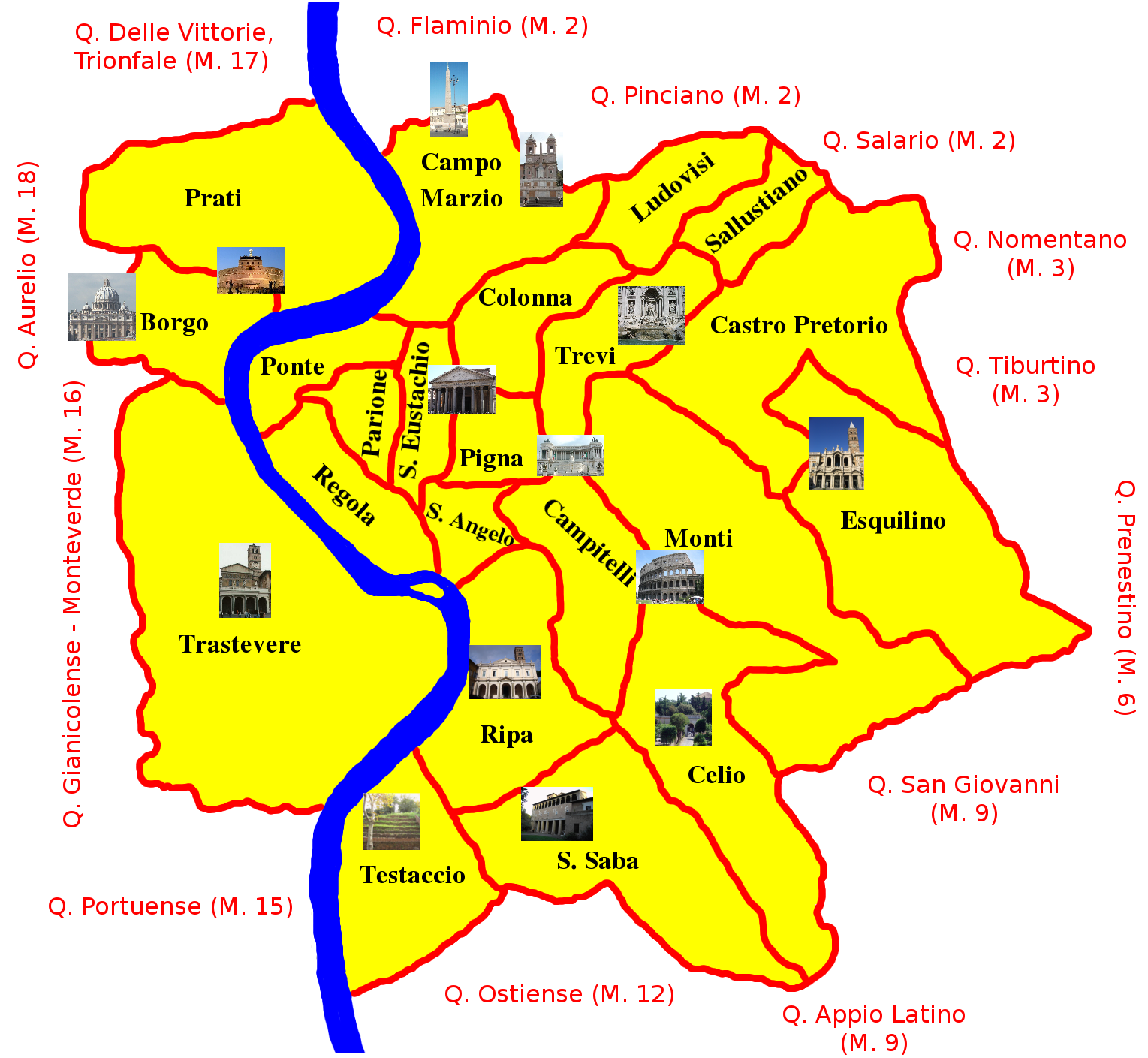 Mappa dei rioni storici di Roma