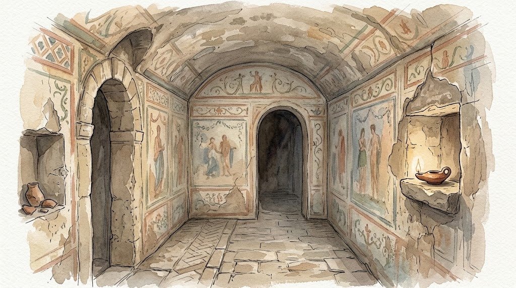 Hypogeum of the Aurelii 3 Illustration of an underground Roman space with frescoed walls and a low vault