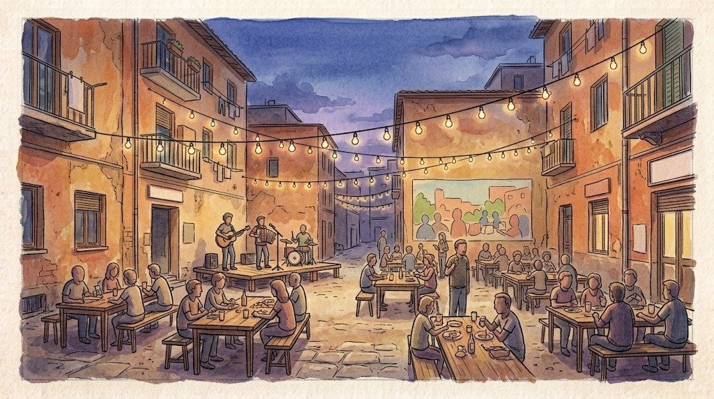 Illustrazione di un cortile di quartiere con tavoli, luci appese e musica dal vivo