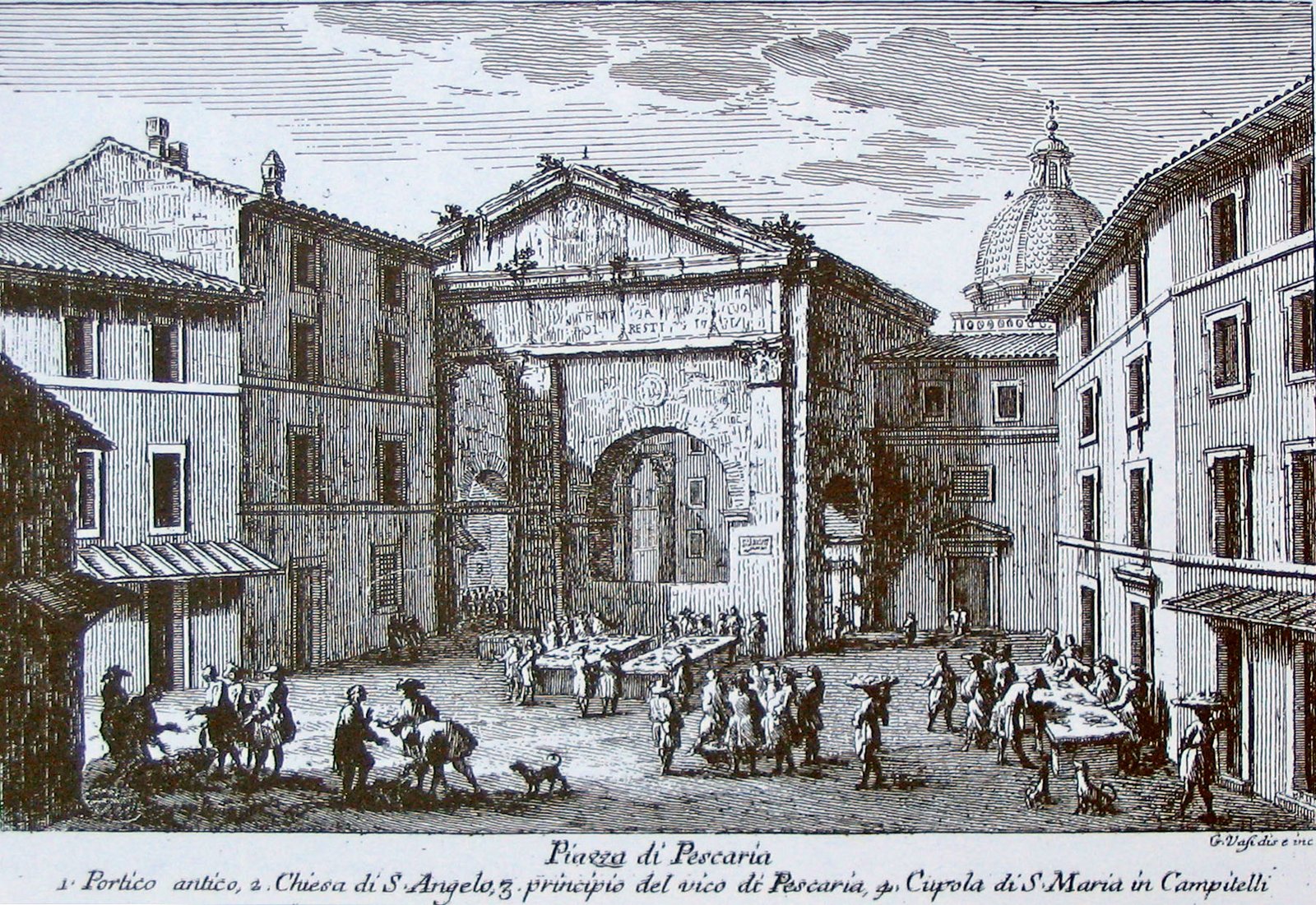 Incisione di Giuseppe Vasi con piazza di Pescheria e il Portico d'Ottavia