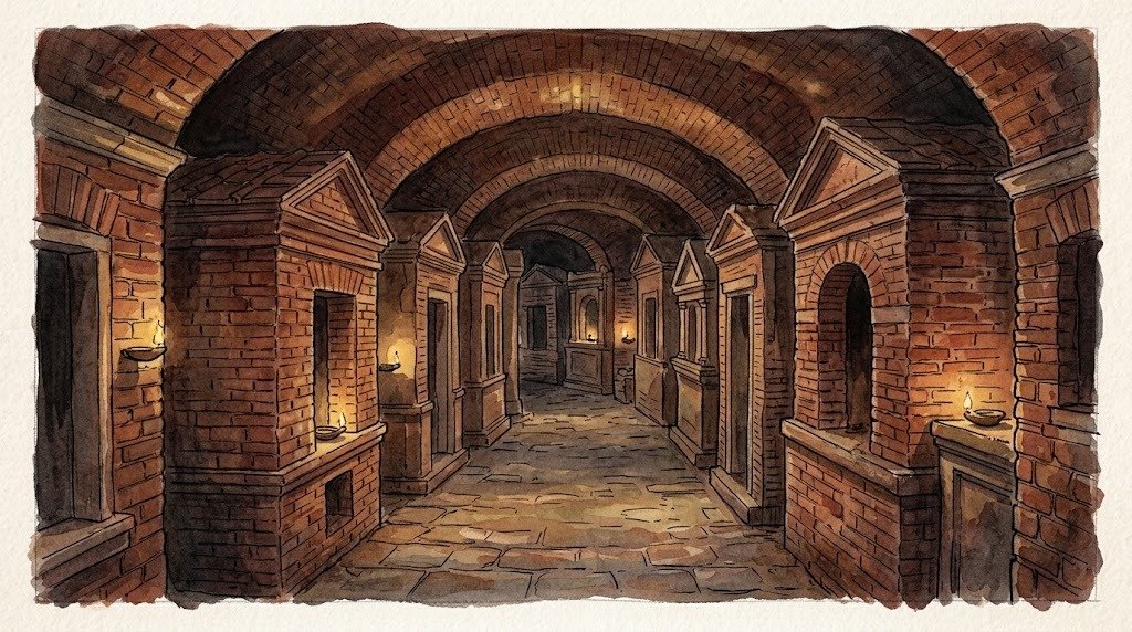 Illustrazione di una strada sepolcrale romana sotterranea con mausolei in mattoni