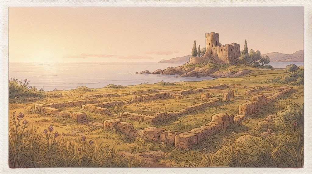 Illustration of the Lazio coast with remains of ancient foundations and a castle on the sea