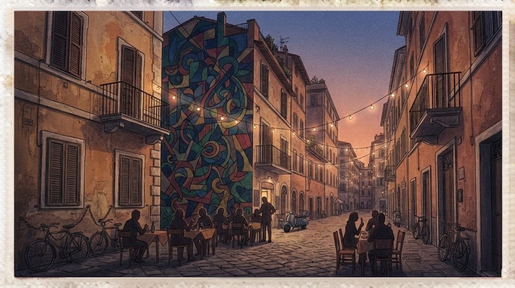 Illustrazione di una strada di quartiere romano con palazzine ocra e tavolini