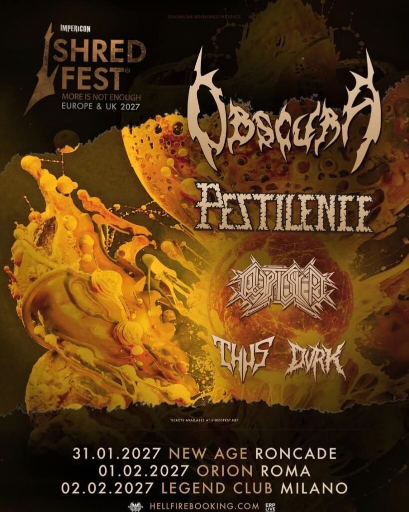 La locandina ufficiale dello Shred Fest 2027 con le tre date italiane