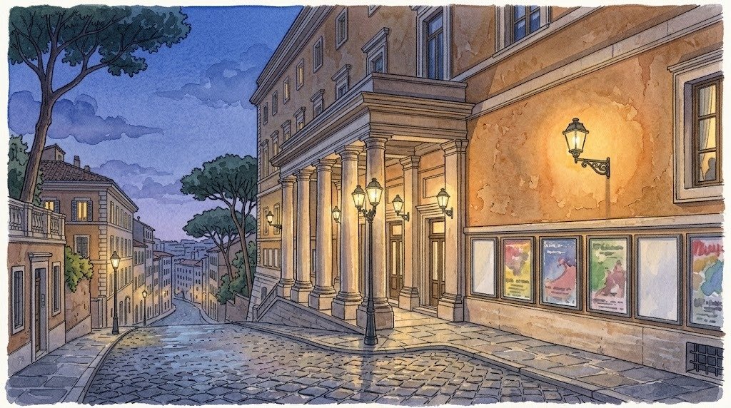Teatro Nazionale 2 Watercolor illustration of a theater with a columned portico on a downhill street, not a photo of the Teatro Nazionale