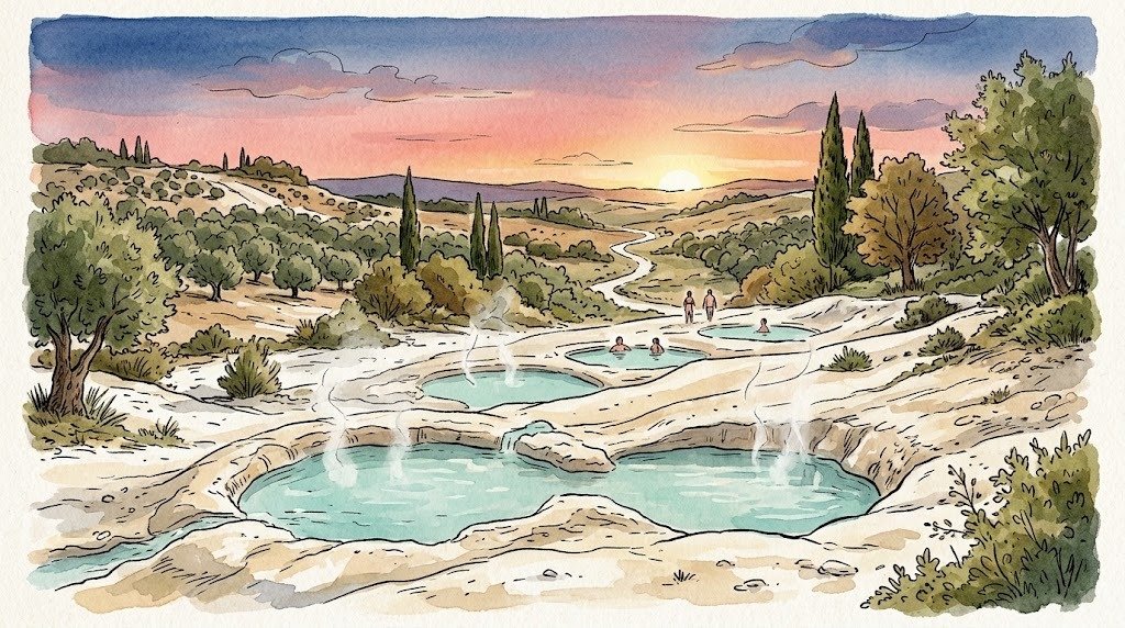 Illustrazione di pozze termali fumanti tra terra bianca e alberi