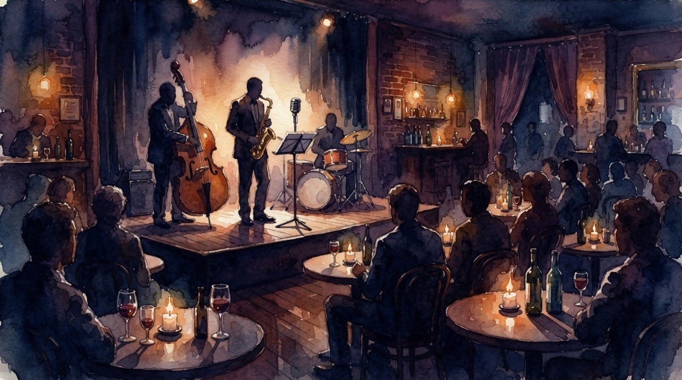 Illustrazione ad acquerello dell'interno di un piccolo teatro con palco jazz, contrabbasso, sassofono e tavolini con candele