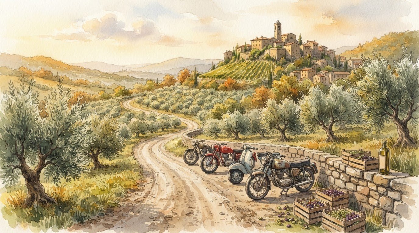 Illustrazione ad acquerello di una strada di campagna tra uliveti con moto d'epoca parcheggiate e un borgo in pietra sulla collina
