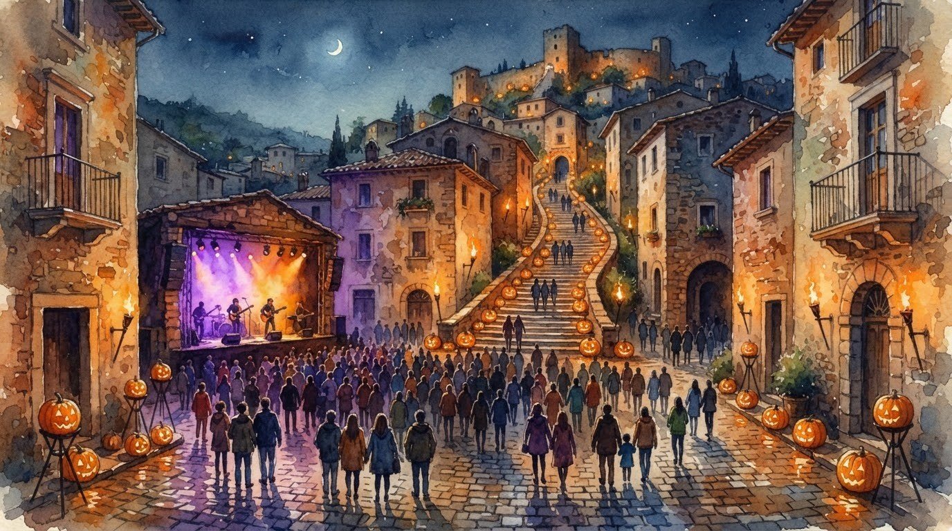 Illustrazione ad acquerello di una piazza di borgo collinare di sera con zucche di Halloween luminose, torce e un palco