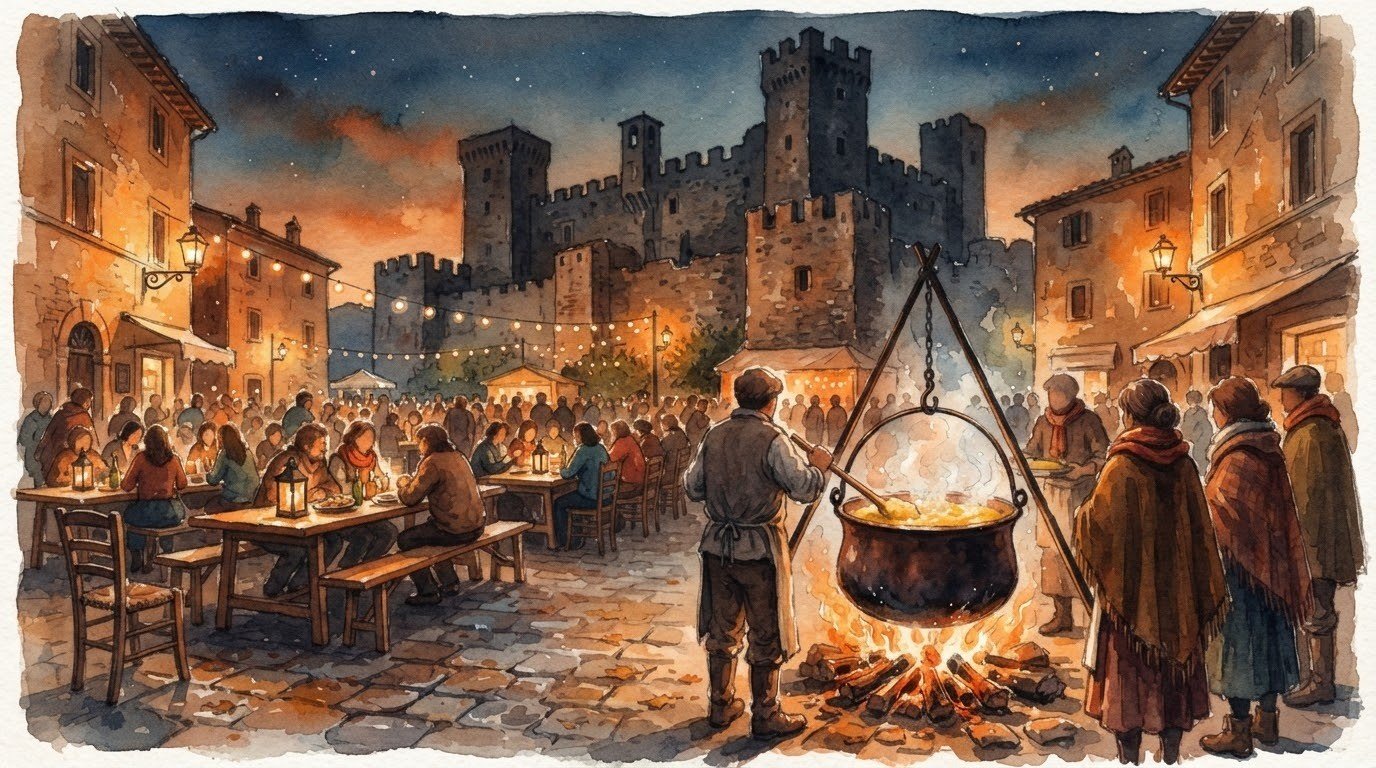 Illustrazione ad acquerello di una sagra della polenta in una piazza di borgo laziale, con paiolo sul fuoco e castello sullo sfondo