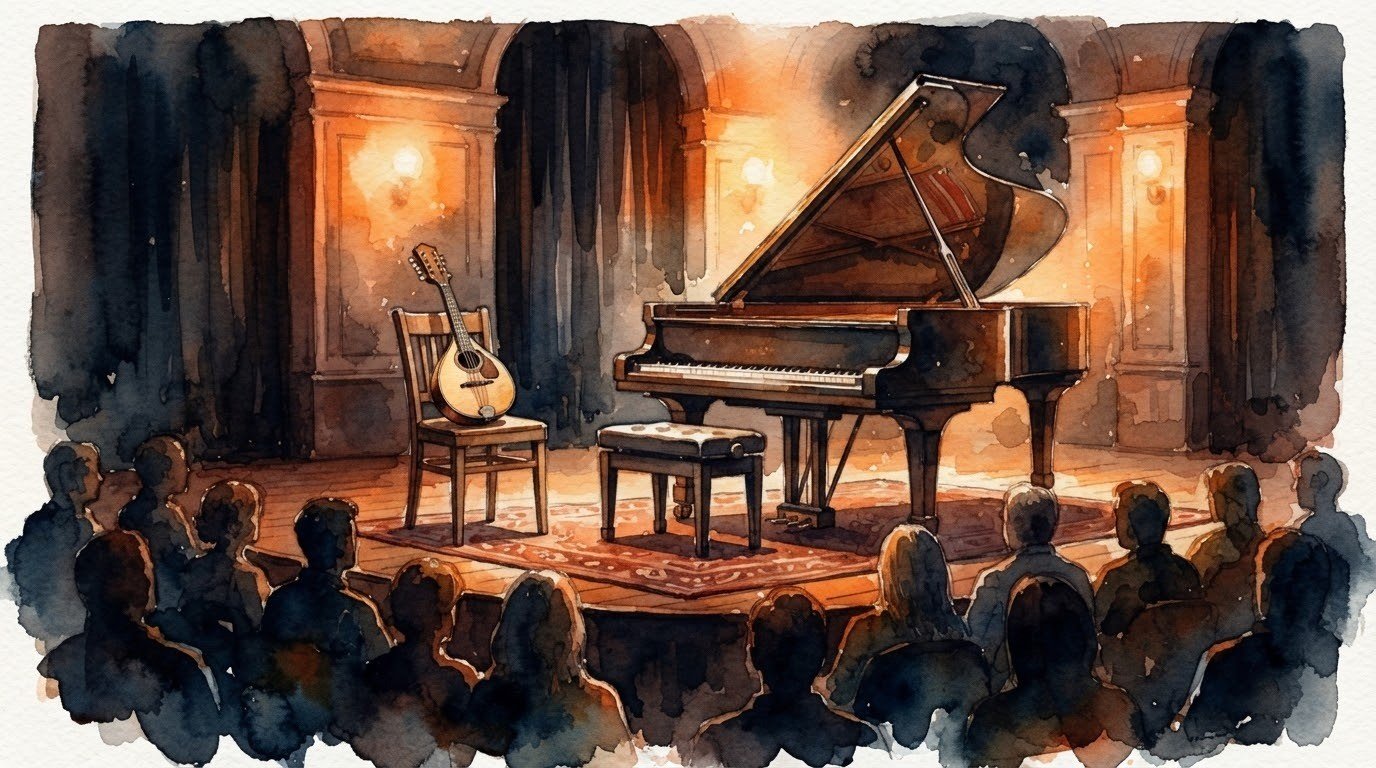 Illustrazione ad acquerello di un palco da concerto con un pianoforte a coda e uno strumento a corde su una sedia