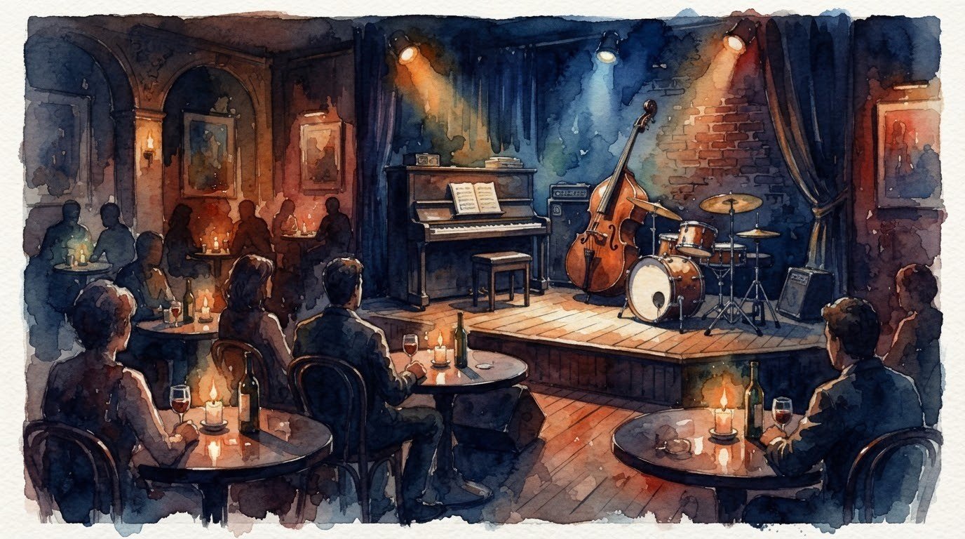 Illustrazione ad acquerello di un piccolo jazz club con pianoforte, contrabbasso e batteria su un palco basso