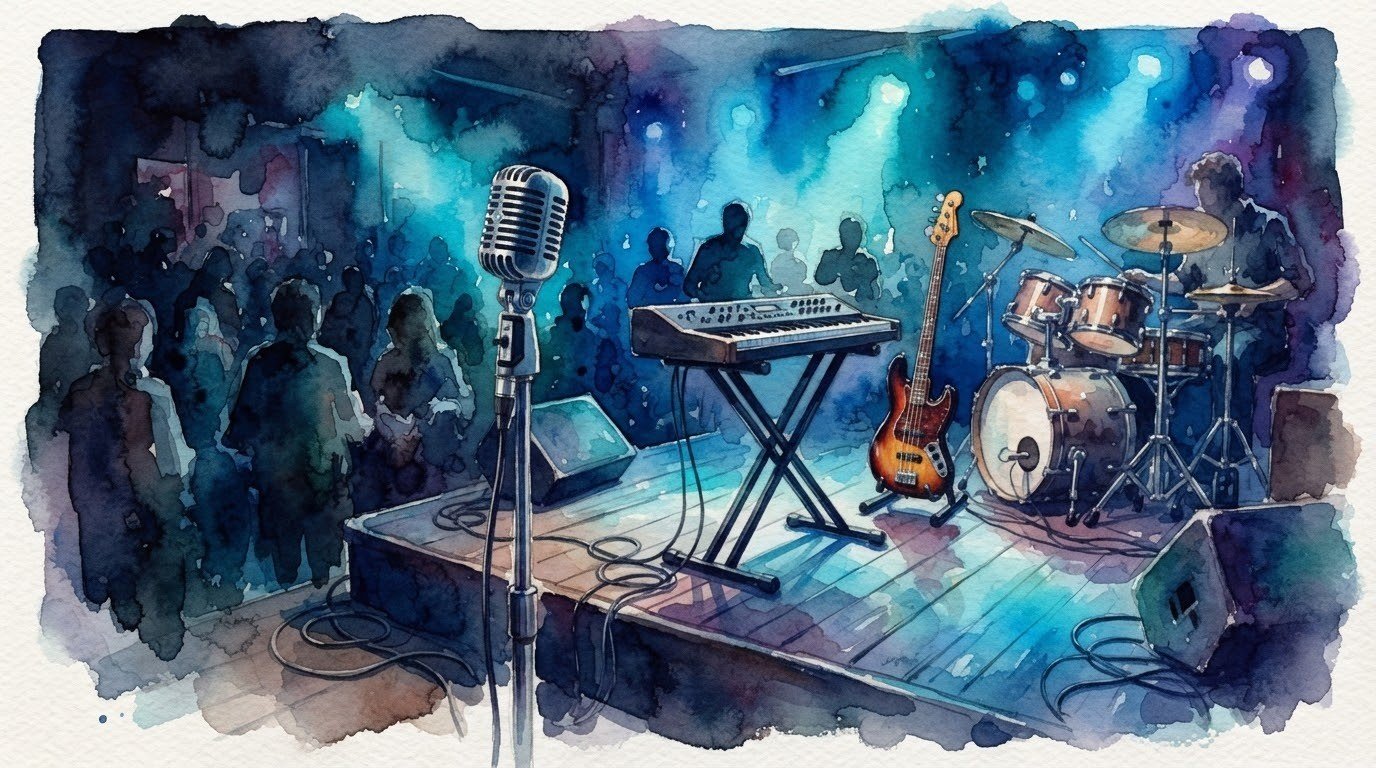 Illustrazione ad acquerello di un palco jazz con microfono d'epoca, pianoforte elettrico, basso e batteria in luci blu