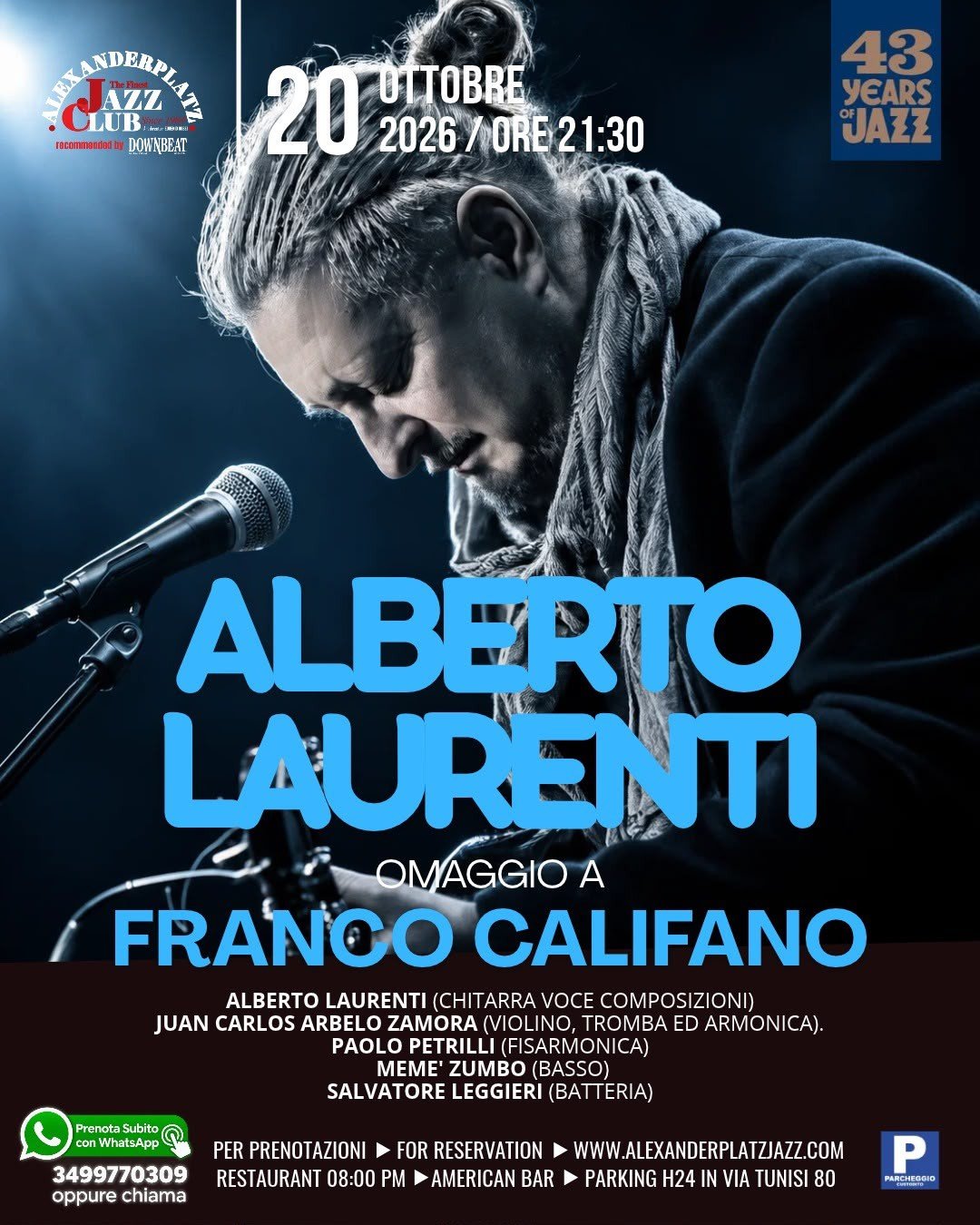 Locandina ufficiale di Alberto Laurenti, omaggio a Franco Califano, all'Alexanderplatz Jazz Club il 20 ottobre 2026