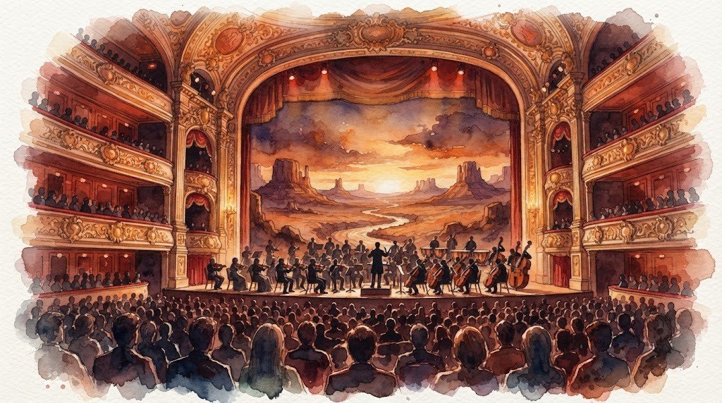 Illustrazione ad acquerello generata con intelligenza artificiale: Alla scoperta di Morricone Vol. 3 - Ensemble Symphony Orchestra