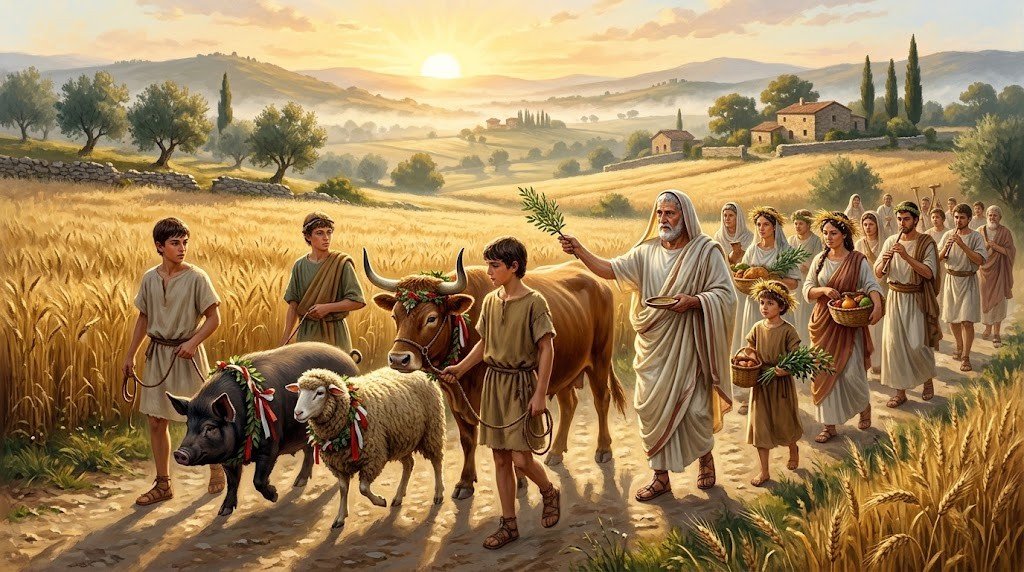 Ambarvalia: la processione romana che purificava i campi a fine maggio 3 Contadini romani guidano un maiale, una pecora e un toro attorno ai campi di grano all'alba