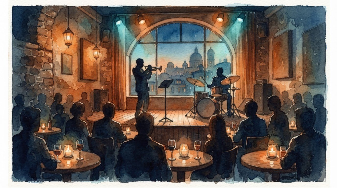 Illustrazione ad acquerello: Andrea Candela Trio al Gregory's Jazz Club — 8 novembre 2026
