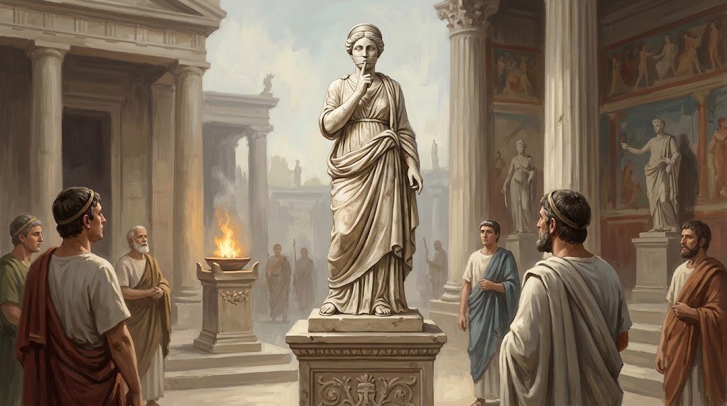 Statua della dea Angerona con la bocca fasciata, simbolo del silenzio