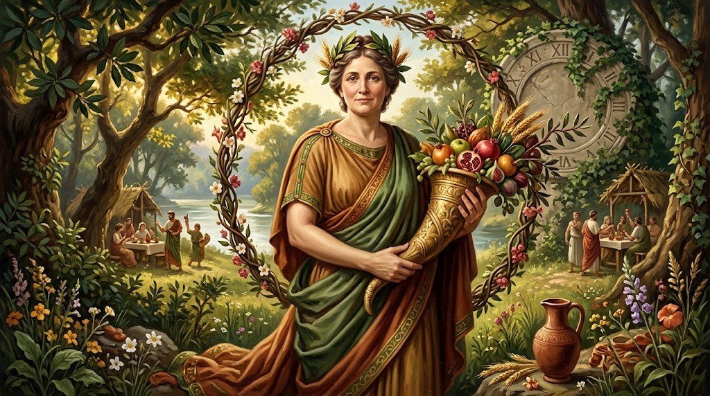 Anna Perenna, 15 marzo: la festa romana del primo plenilunio dell'anno 2 La dea Anna Perenna come matrona con cornucopia e il simbolo dell'anno