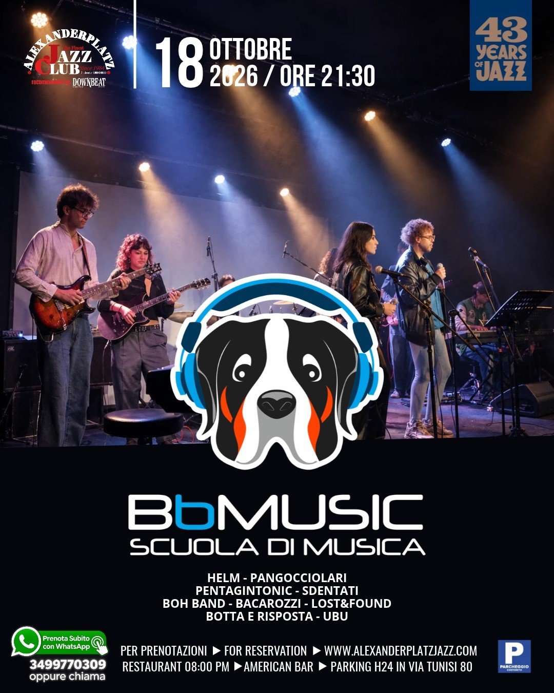 Locandina ufficiale di BB Music, scuola di musica, all'Alexanderplatz Jazz Club il 18 ottobre 2026