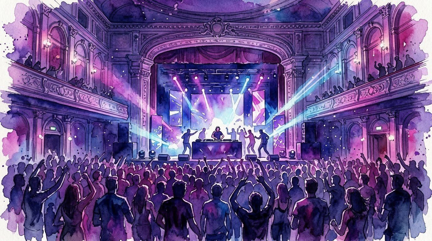 Illustrazione ad acquerello di un dj set in una sala con platea e galleria, per Black Hoodie #Act1 a Palazzo San Lorenzo