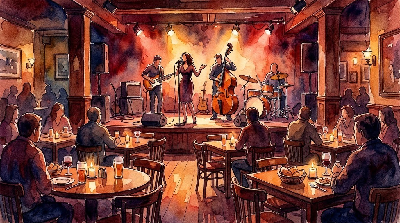 Illustrazione ad acquerello di una band blues e swing sul palco di un pub ristorante, generata con intelligenza artificiale