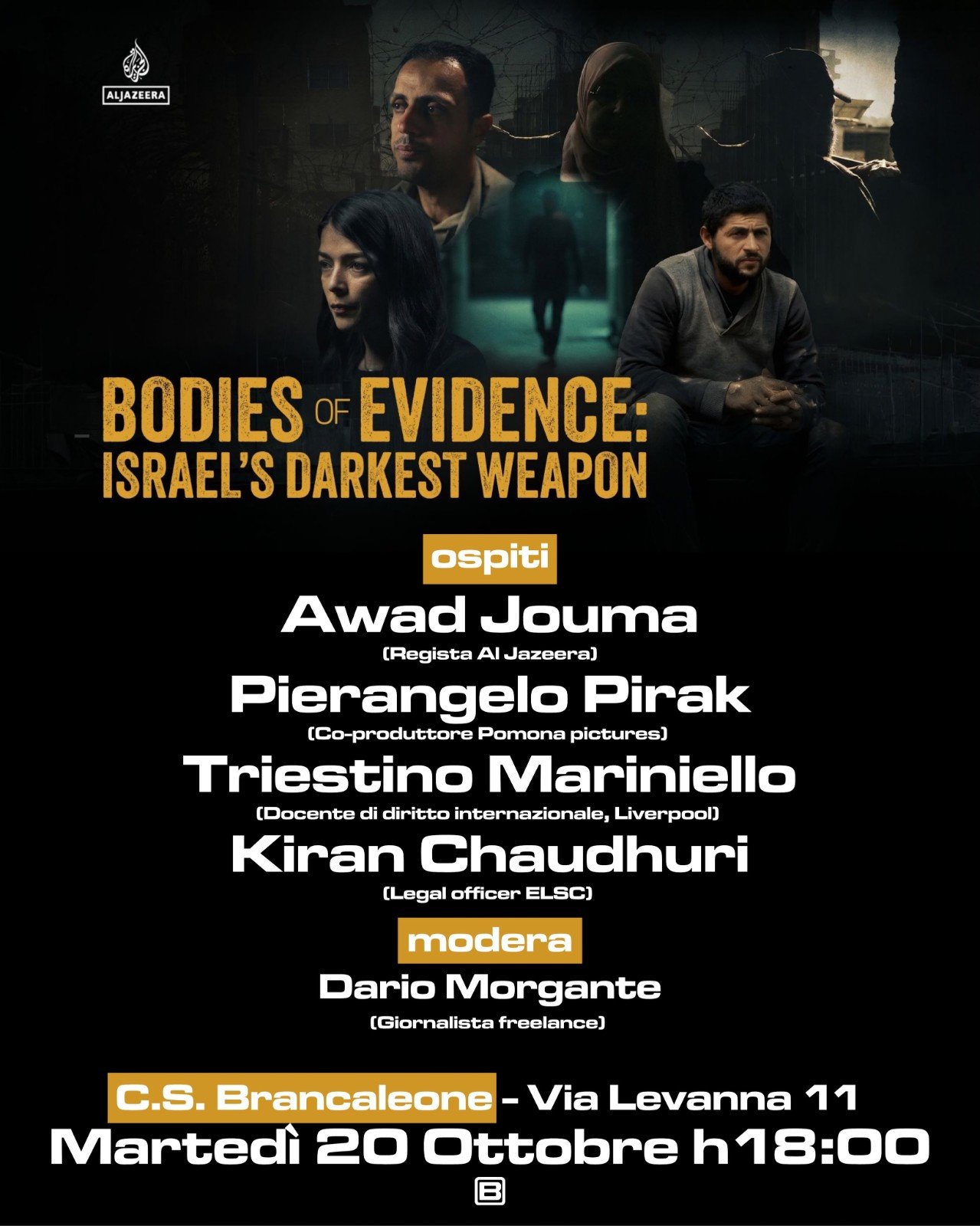 Locandina della proiezione di Bodies of Evidence al C.S. Brancaleone, dal profilo Instagram ufficiale