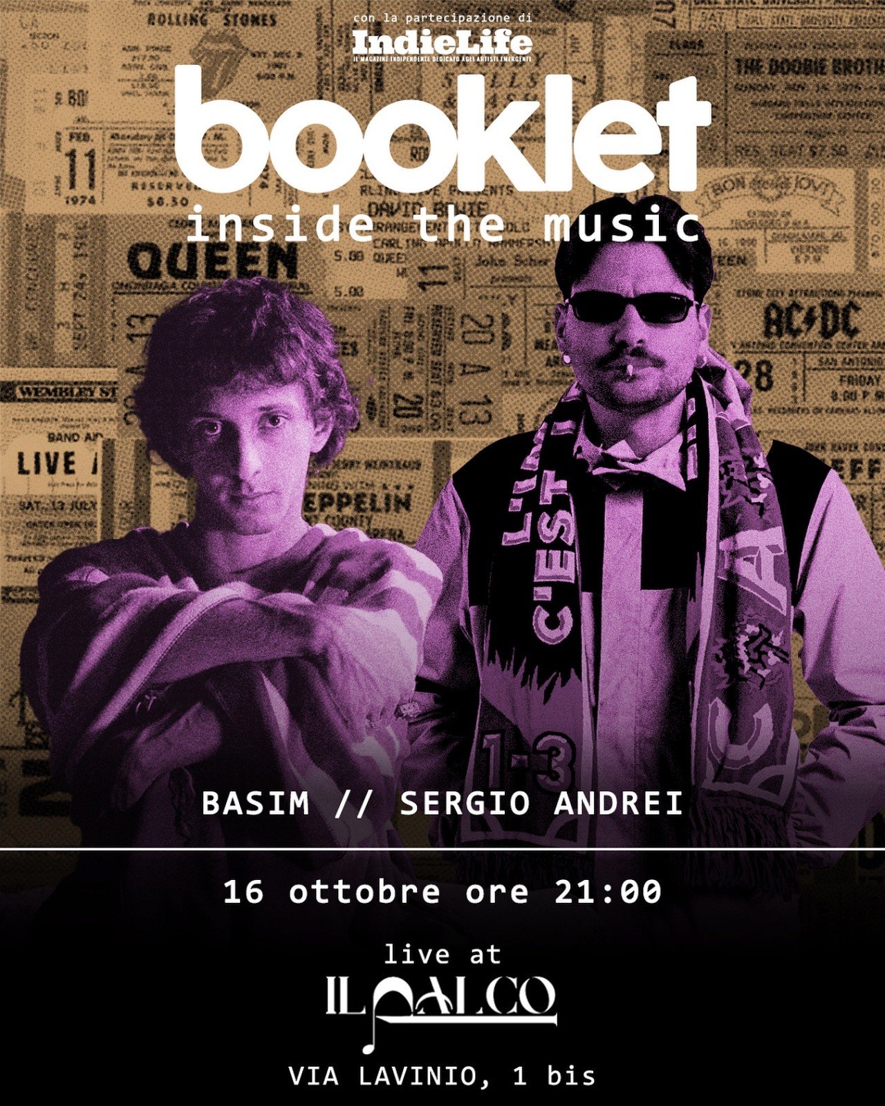 Locandina della puntata di Booklet con Basim e Sergio Andrei al Palco APS, Roma