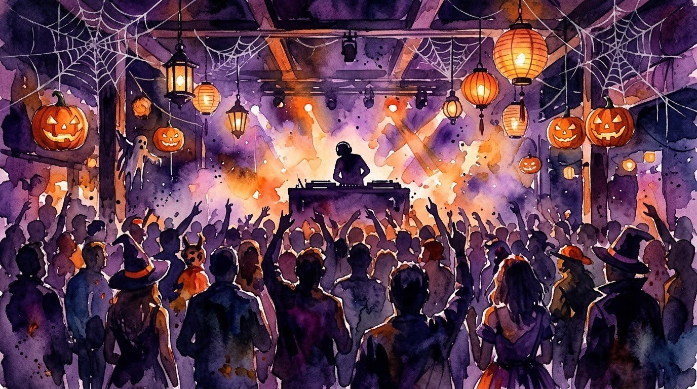 Illustrazione ad acquerello di una sala da ballo in una notte di Halloween, con zucche e lanterne