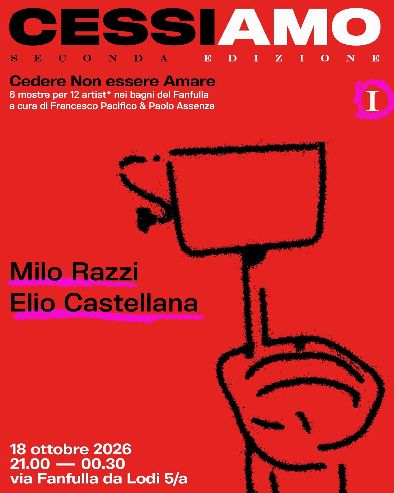 Locandina di CESSIAMO, mostre nei bagni del Fanfulla 5/a, grafica DITO Studio