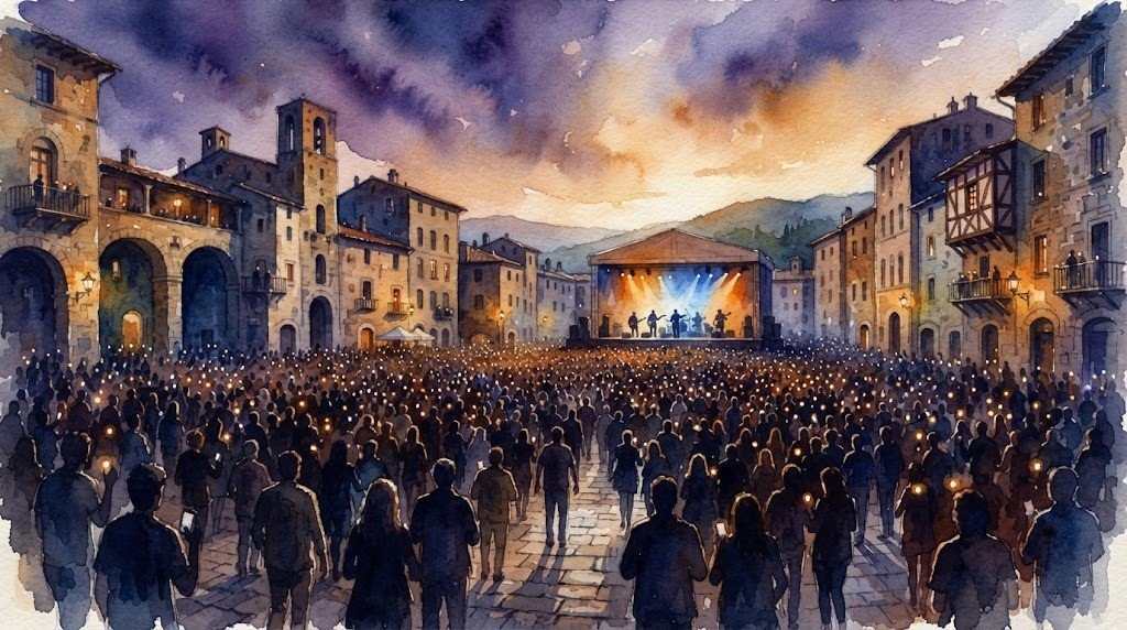 Illustrazione ad acquerello generata con intelligenza artificiale: Claudio Baglioni - GrandTour La vita e' adesso