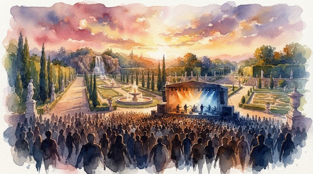 Illustrazione ad acquerello generata con intelligenza artificiale: Claudio Baglioni - GrandTour La vita e' adesso alla Reggia di Caserta