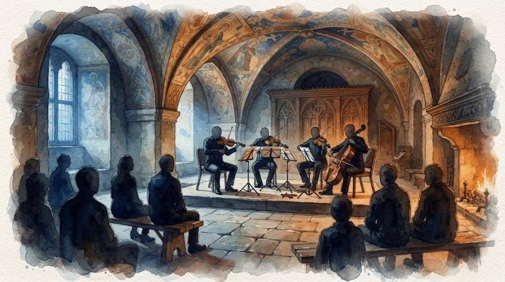 Illustrazione ad acquerello generata con intelligenza artificiale: Concerto di chiusura «Viterbo, sulle tracce di San Francesco» con il quintetto d'archi Alibi