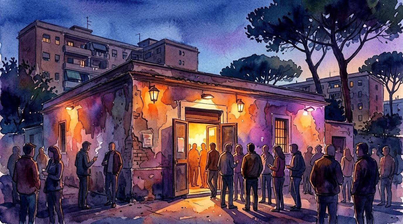 Illustrazione ad acquerello dell'esterno di un piccolo live club di periferia romana, con palazzine sullo sfondo e pubblico davanti all'ingresso, senza insegne