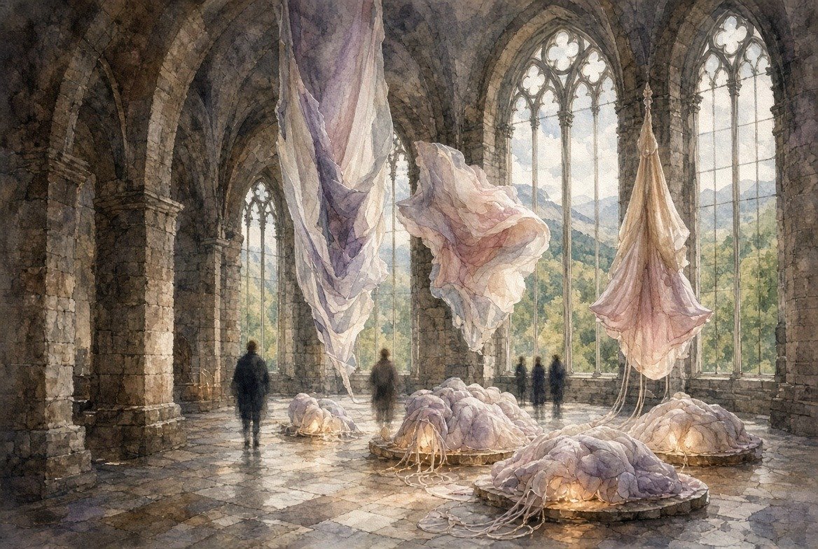 Illustrazione ad acquerello per È un brusio la vita: mostra d'arte contemporanea al Castello Orsini di Soriano nel Cimino
