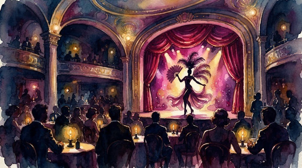 Illustrazione ad acquerello di un teatro cabaret art déco con una performer burlesque in controluce
