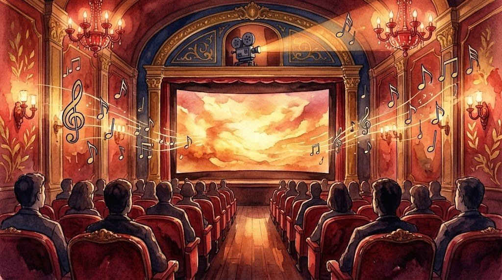 La vita segreta dei giocattoli: illustrazione ad acquerello di una sala cinematografica con pubblico di spalle
