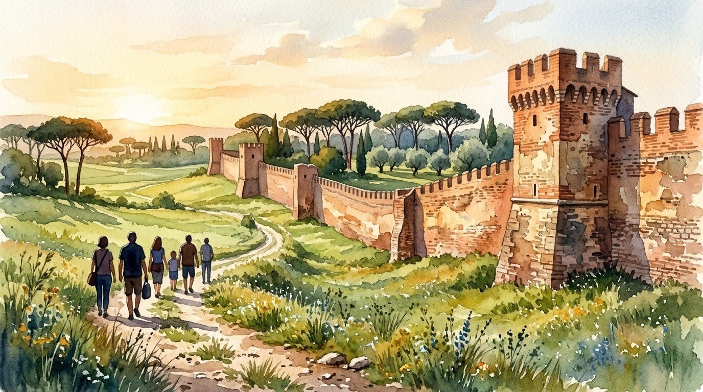Illustrazione ad acquerello di antiche mura romane con prati e un gruppo di visitatori di spalle