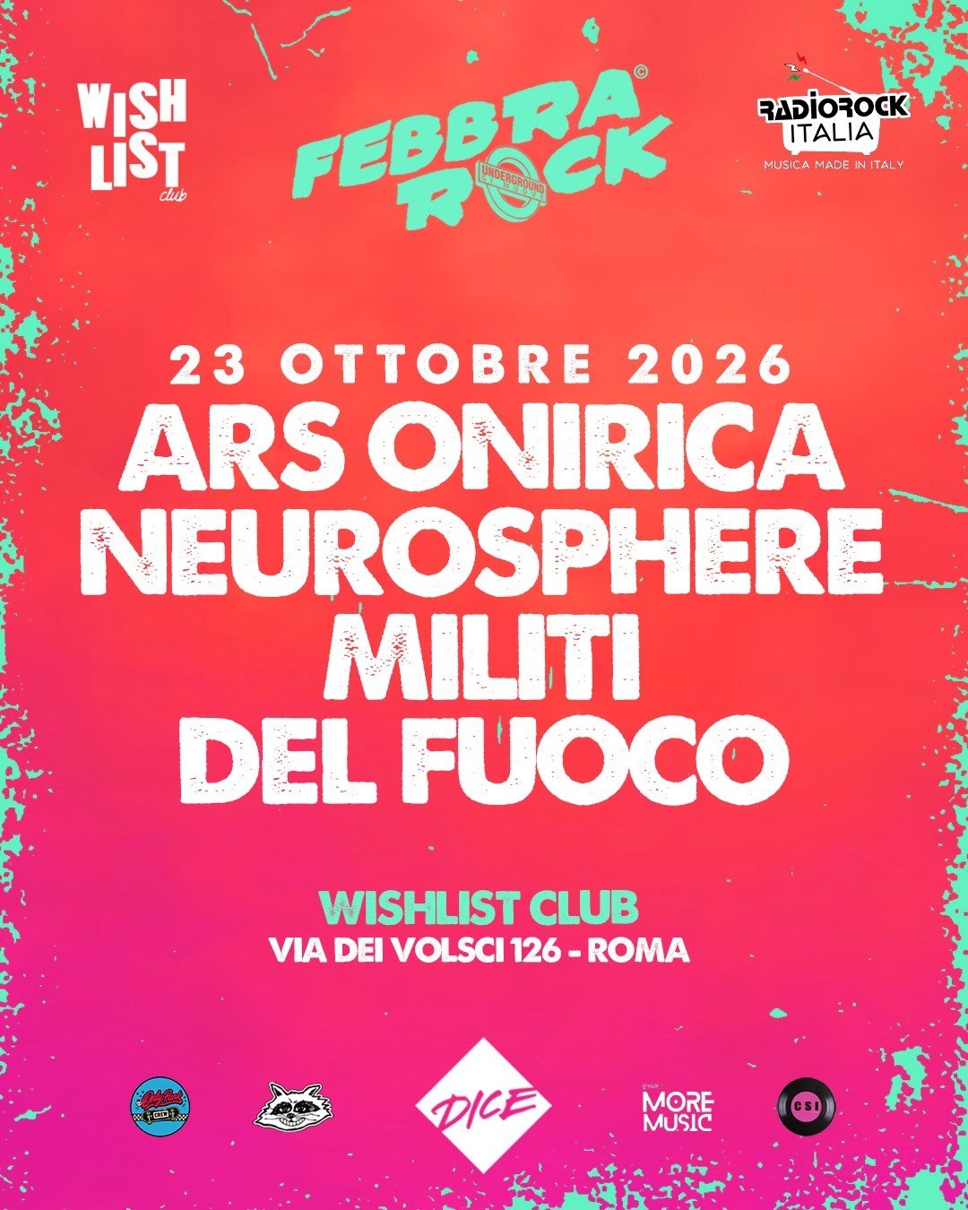 Locandina ufficiale di FebbraRock con Ars Onirica, Neurosphere e Militi del Fuoco al Wishlist Club