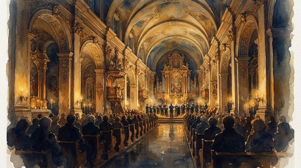 Illustrazione ad acquerello generata con intelligenza artificiale: Festival Liszt ad Albano Laziale, 40ª edizione
