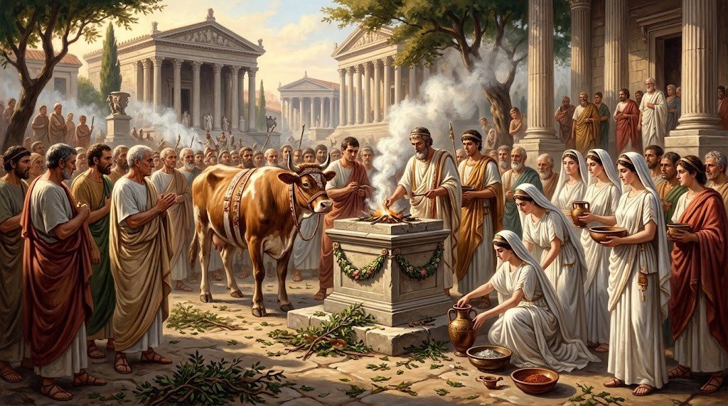 Fordicidia, 15 aprile: il sacrificio delle vacche gravide a Tellus 1 Sacrificio di una vacca gravida a un altare in un'illustrazione ispirata alla Roma arcaica