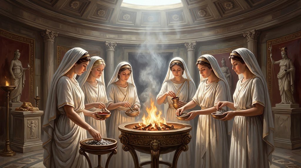 The Vestals prepare the ritual ashes for the Parilia in an ancient temple